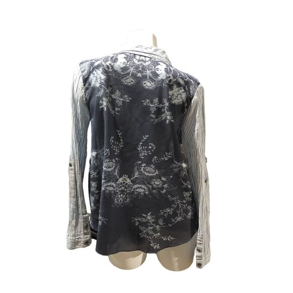 Free People Party in The Back Striped Sheer Floral Shirt Blouse Top Button Sz M - Picture 5 of 10